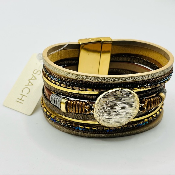SAACHI Jewelry - New SAACHI Fiery Copper Leather Bracelet Blue Stones 6.5” wrist